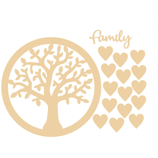 3mm MDF Circle of Life Family Tree with hearts and Family word. Trees Freestanding, Flat & Kits