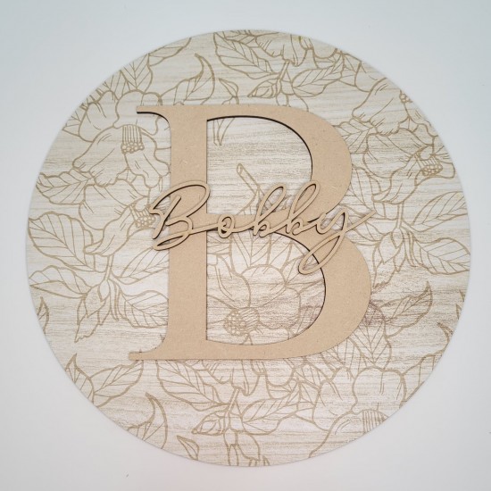 Printed Pale Wood Engraved Effect Circle with Letter and Name UV PRINTED ITEMS