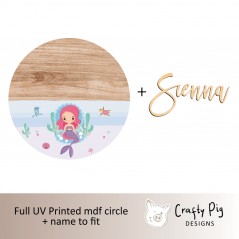 Printed Wood Effect and Mermaid Circle with Name UV PRINTED ITEMS