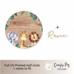60cm Printed Jungle Animals & Wood Effect Vinyl and mdf Circle with Name  UV PRINTED ITEMS