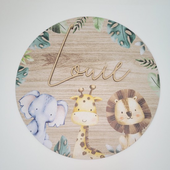 50cm Printed Jungle Animals & Wood Effect Vinyl and mdf Circle with Name  UV PRINTED ITEMS