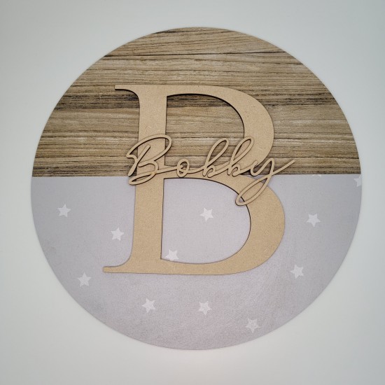 Printed Half Wood Effect and Grey with Stars Circle with Letter and Name UV PRINTED ITEMS
