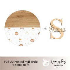 Printed Wood Effect Circle Boho Lion Design with Letter and Name UV PRINTED ITEMS