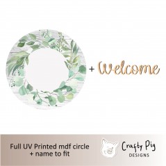Printed White Wood Effect Circle with Botanical Design with Name/Word UV PRINTED ITEMS