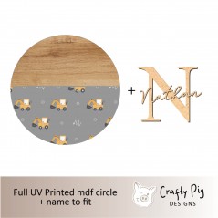 Printed Wood Effect Circle with half Cars Design with Letter and Name UV PRINTED ITEMS