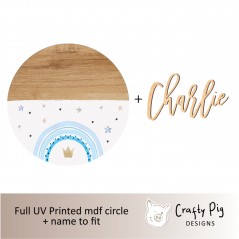 Printed Wood Effect Circle with half blue Rainbow Design with name UV PRINTED ITEMS