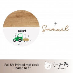 Printed Wood Effect Circle - with Tractor Design and name UV PRINTED ITEMS