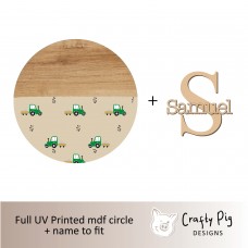 Printed Wood Effect Circle - with small Tractor Design with letter and name UV PRINTED ITEMS