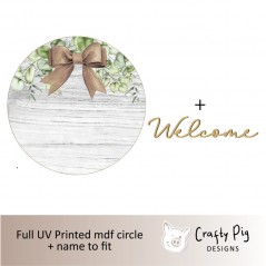 Printed Foliage with Hessian Bow Circle - White Wood effect - with word UV PRINTED ITEMS