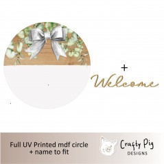 Printed Foliage with Hessian Bow Circle - Oak Wood effect - with word UV PRINTED ITEMS