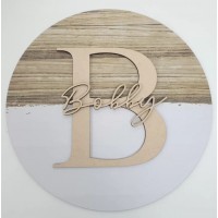 Printed Wood Effect Circle and White Painted Effect with Letter and Name