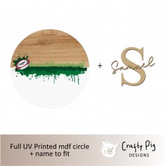 Printed Circle - Rugby Ball with Green Paint Splash/Wood Design - with letter and name UV PRINTED ITEMS