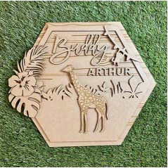 3mm mdf Giraffe Hexagon Name Plaque Personalised Name Plaques