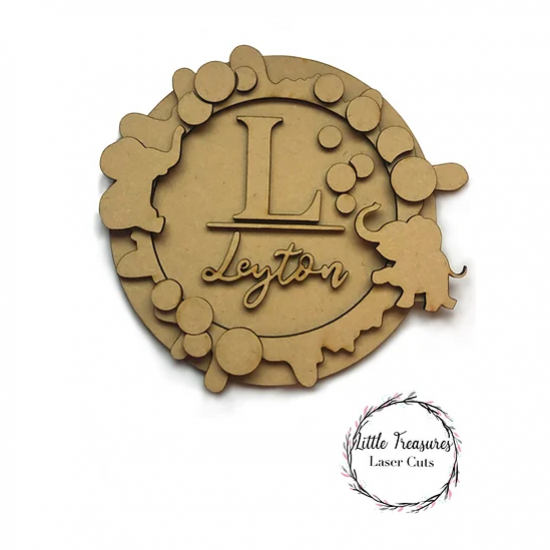 3mm mdf  Initial Name Plaque (Elephants Blowing Bubbles) Personalised Name Plaques