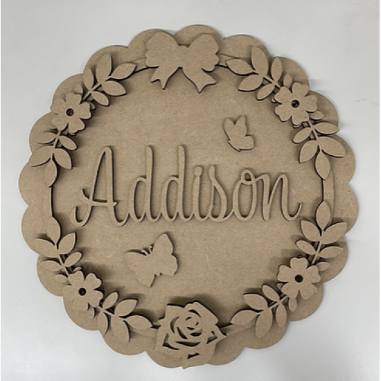 3mm mdf Butterfly Flowers Scalloped Plaque Personalised Name Plaques