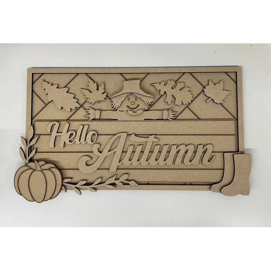 3mm mdf Rectangular Hello Autumn Scarecrow Plaque Halloween