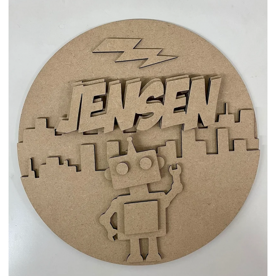 3mm mdf Robot Skyline Plaque Personalised Name Plaques