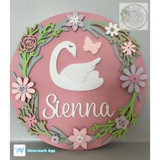 3mm mdf Swan & Twig Wreath Plaque Personalised Name Plaques