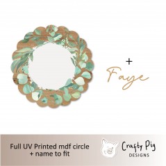 Printed Wood Effect SCALLOPED Circle Botanical Design with Name