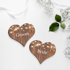 Rustic Wood and Lights Heart Place Names Printed Wedding Table Plans and Signs