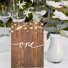 A5 Rustic Wood and Lights Table Numbers Printed Wedding Table Plans and Signs