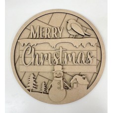 3mm mdf Merry Christmas Circular Plaque with Snowman and Robin Layered Designs