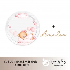 Printed Circle Teddy Pink and mdf Name Personalised Name Plaques