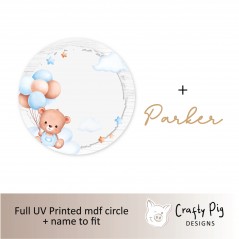 Printed Circle Teddy Blue and mdf Name Personalised Name Plaques