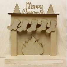 18mm Christmas fireplace with hanging stockings - 'Merry Christmas (With Trees)' 18mm MDF Christmas