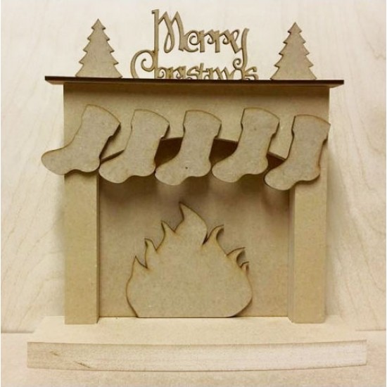 18mm Christmas fireplace with hanging stockings - 'Merry Christmas (With Trees)' 18mm MDF Christmas