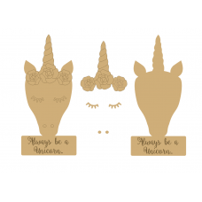 18mm 3D Natural Unicorn Head on Base with 3mm flowers, horn and cheeks (250mm) 18mm MDF Craft Shapes