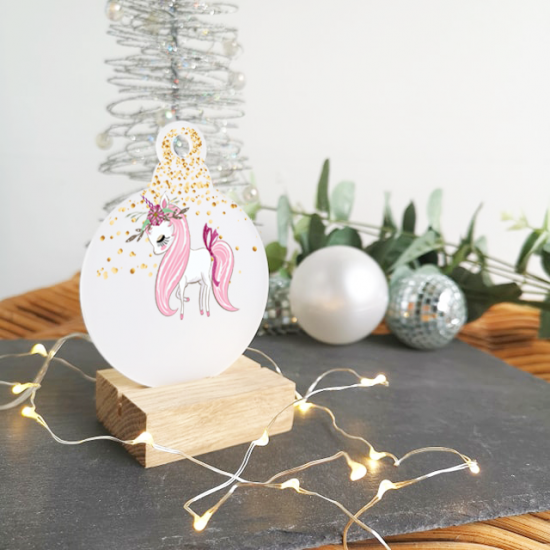 Printed Glittery Unicorn Bauble on frosted acrylic Christmas Baubles