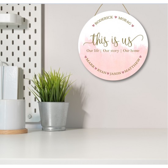 3mm White Acrylic Printed Circle - This Is Us - Family names Blush and Gold Personalised and Bespoke