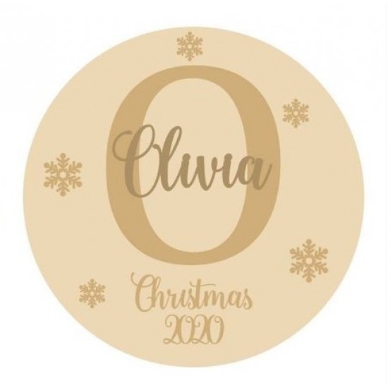 4mm OAK VENEER Circle with Initial and Snowflakes and name with Christmas 2022 IN MDF Personalised and Bespoke