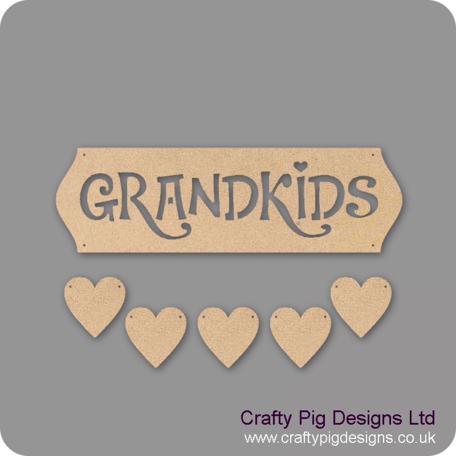 3mm MDF Wooden Craft Plaque Grandkids Cut Out Letters With 5 Hanging Hearts