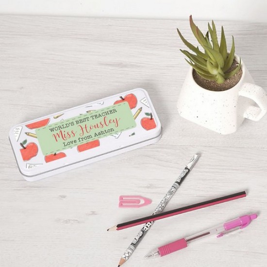 Personalised Printed White Pencil Tin - Apple  and Notebook Teachers
