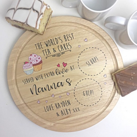 Personalised Round Cake Board - Tea and Cakes - Pink Personalised and Bespoke