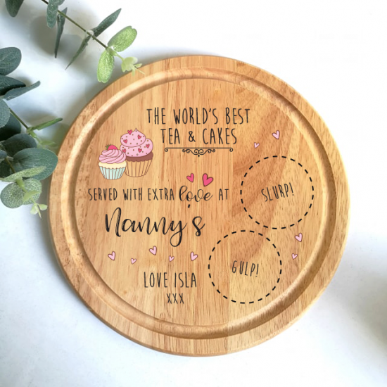 Personalised Round Cake Board - Tea and Cakes - Pink Personalised and Bespoke