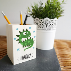 Colour Printed Wooden Pencil Pot -Dinosaur Design Personalised and Bespoke