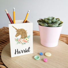 Colour Printed Wooden Pencil Pot -Unicorn Design Personalised and Bespoke