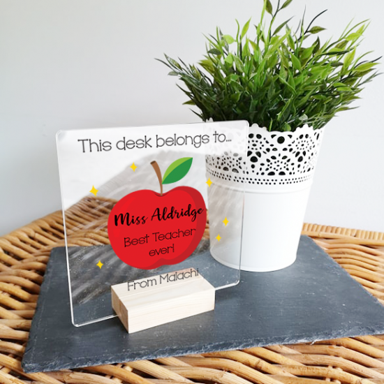 Personalised Acrylic - Apple Design Desk Sign and Oak Stand Teachers