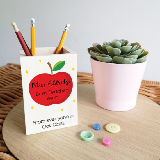 Colour Printed Wooden Pencil Pot - Apple Design Teachers