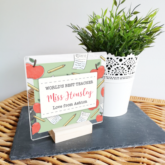 Personalised Acrylic World's Best Teacher - Apples and Notebooks Design - Desk sign and Oak Stand Teachers
