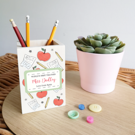 Colour Printed Wooden Pencil Pot - Apple and Notebooks Design Teachers