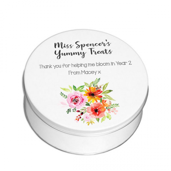 Personalised Printed White Tin - Teacher Treats - Floral Personalised and Bespoke