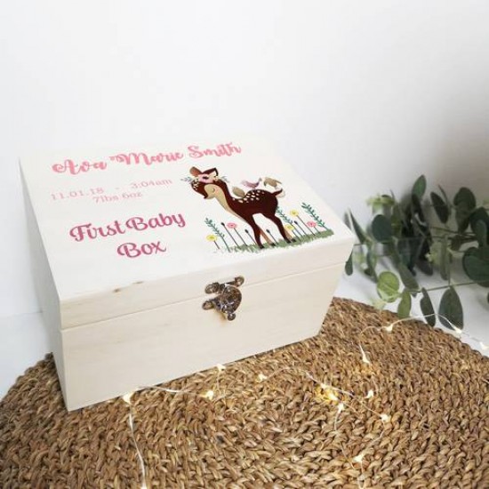 Personalised Printed Wooden Box - Girls First Baby Box - Baby Deer Personalised and Bespoke