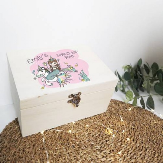 Personalised Printed Wooden Box - Unicorn and Mermaid Bobbles and Bows Box Personalised and Bespoke