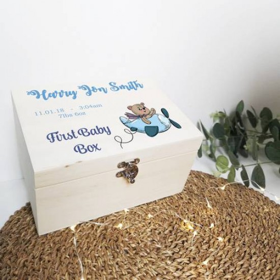 Personalised Printed Wooden Box - Boys First Baby Box - Teddy Personalised and Bespoke