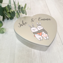 Personalised Printed Heart Shape Silver Tin - Love Bunnies Personalised and Bespoke