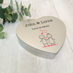Personalised Printed Heart Shape Silver Tin - Stick Couple Personalised and Bespoke